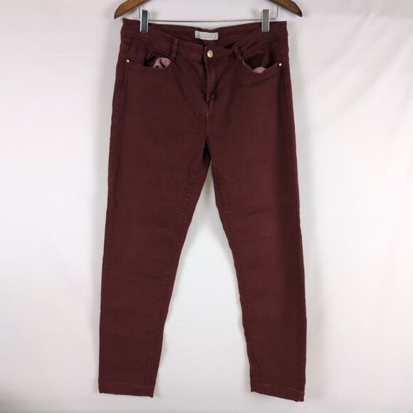 Zara Trafaluc Women's Maroon Denim Jeans Slim Straight Fit Stretchy, US 12 - Picture 1 of 7